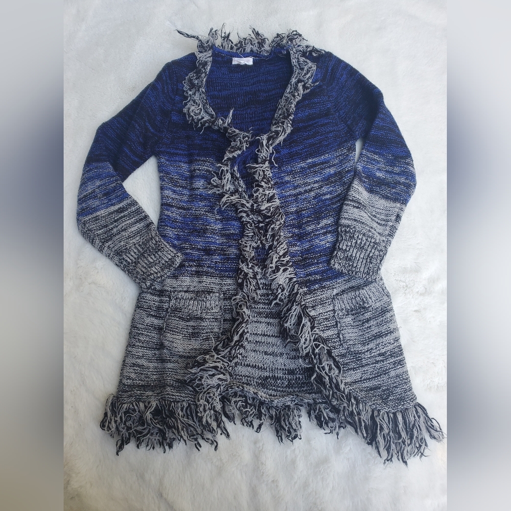 Girls  Blue and Gray Fringed Cartigan Size 6X